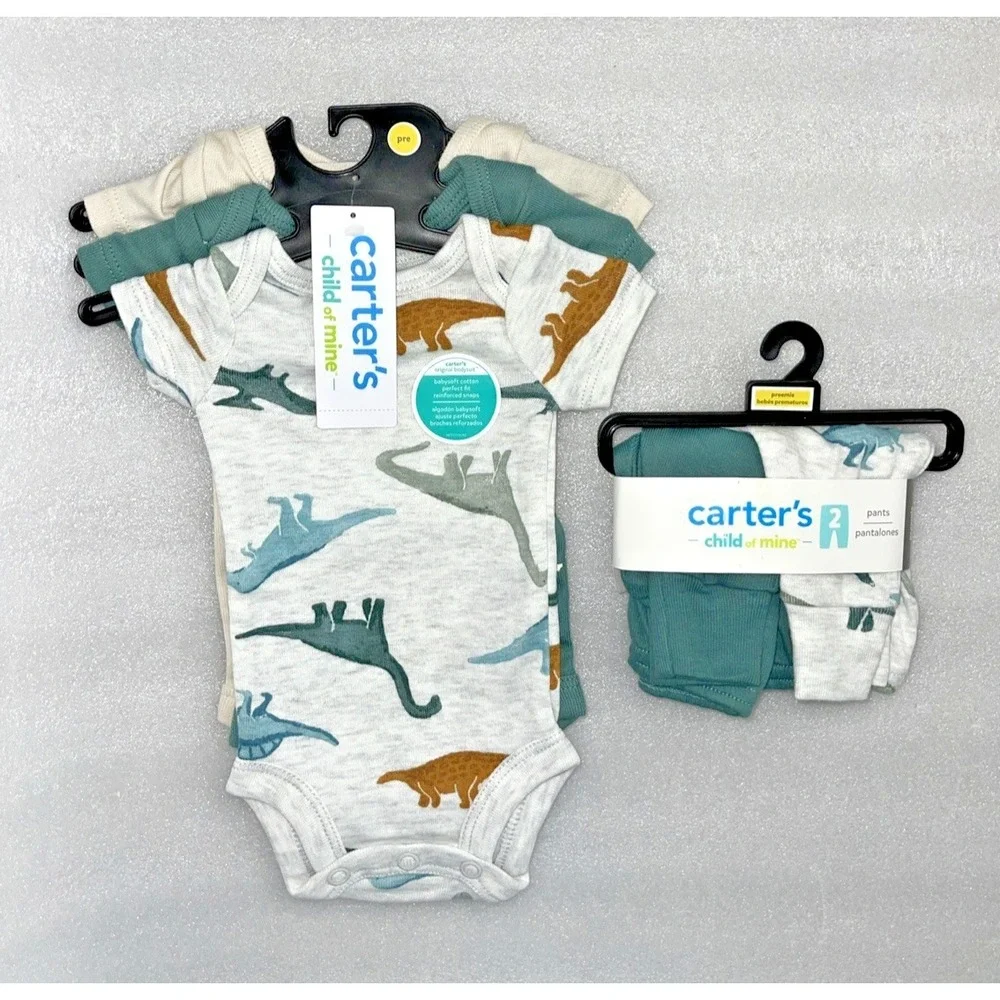 Carters Child Of Mine Baby Boy Dinosaur 5 Pieces - 3 Bodysuits & 2 Pants Preemie